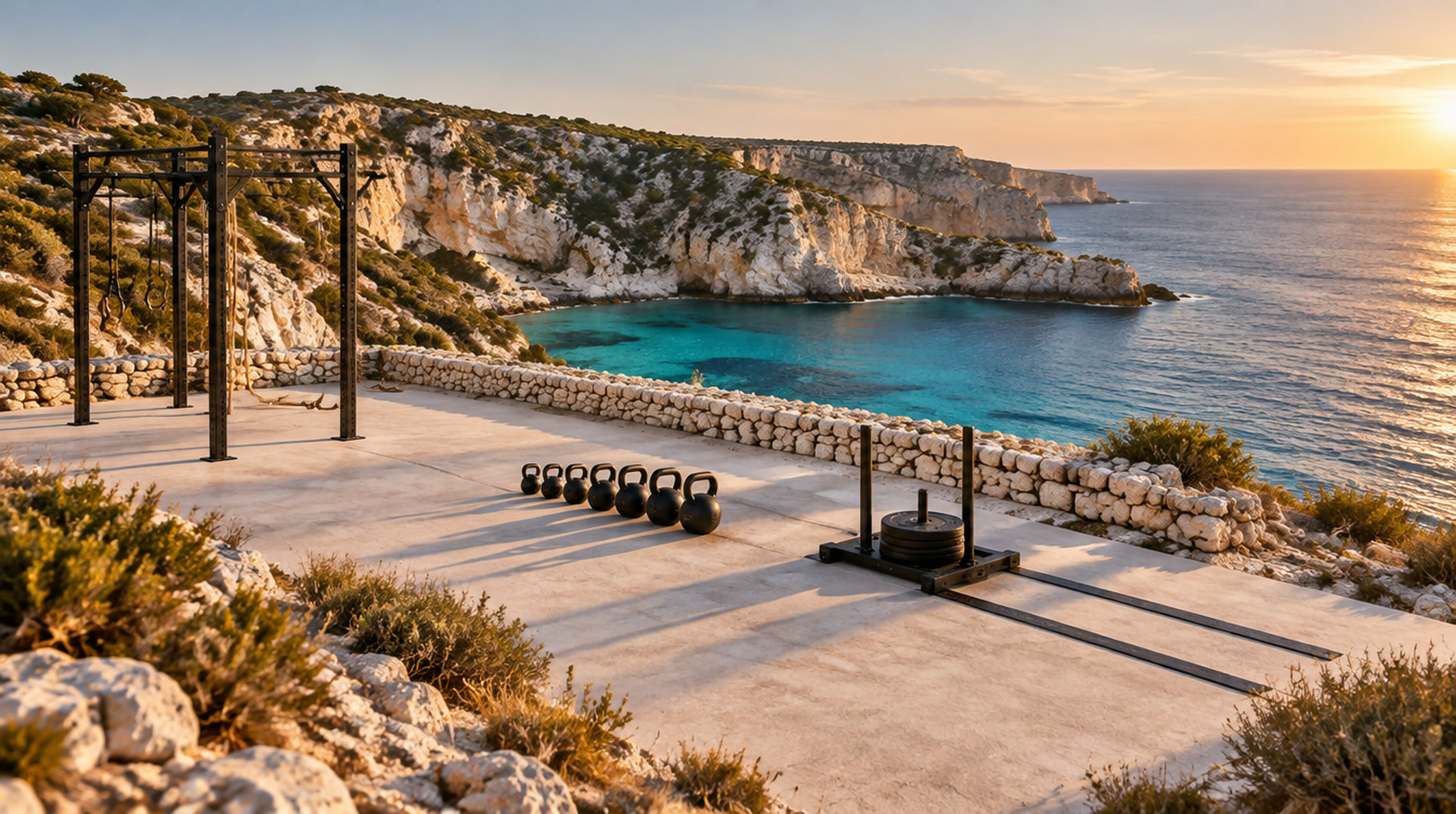 The open air training terrace at Cala in evening light.